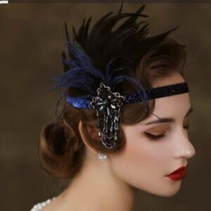 SWEETV 1920s Flapper Headband Blue Feather Beaded Headpiece Gatsby Style